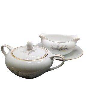 Kaysons Fine China Golden Rhapsody 1961 Vintage Gravy Boat w Plate & Sugar Dish